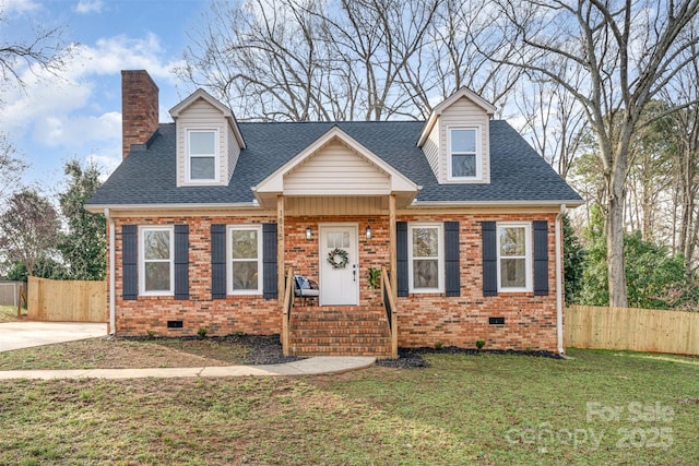 view of front of property featuring crawl space, brick siding, and fence