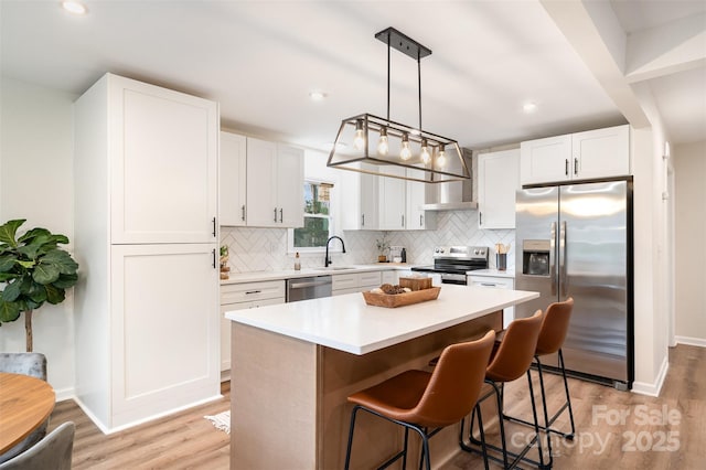 kitchen with a sink, decorative backsplash, stainless steel appliances, white cabinets, and a center island