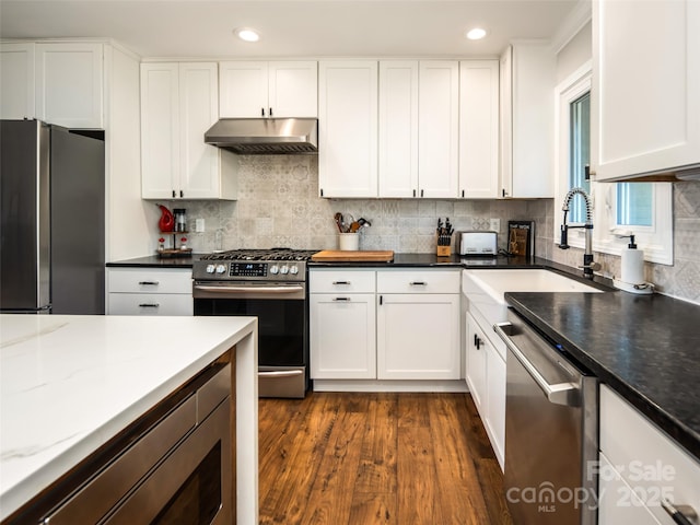 kitchen with under cabinet range hood, white cabinetry, stainless steel appliances, and a sink