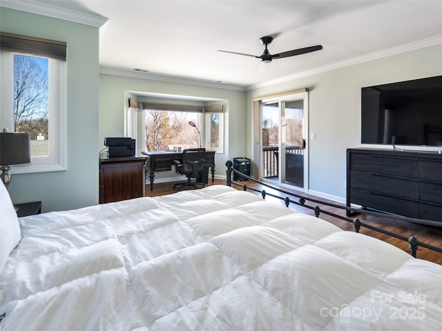 bedroom featuring baseboards, wood finished floors, access to exterior, and ornamental molding