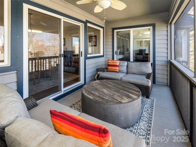 balcony with a ceiling fan