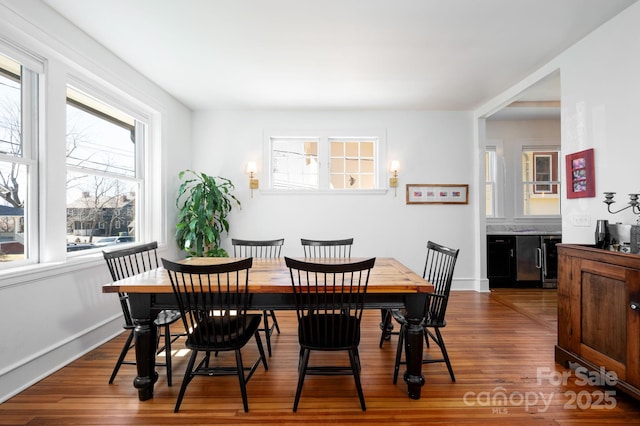 dining room featuring dark wood-type flooring and baseboards