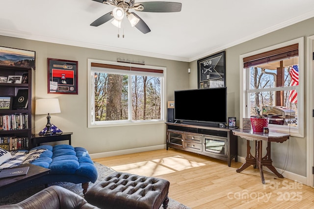 living room with a healthy amount of sunlight, crown molding, and light wood-type flooring