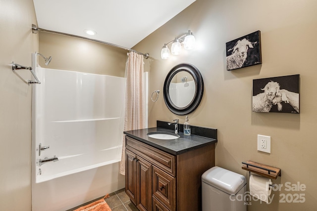 full bath featuring vanity, toilet, shower / bath combo, and tile patterned flooring