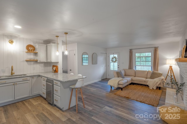 kitchen featuring a sink, open floor plan, a peninsula, and wood finished floors