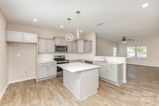 1120 Freeman View Dr, Albemarle, NC 28001 - kitchen with stainless steel appliances, a sink, gray cabinetry, light countertops, and a peninsula