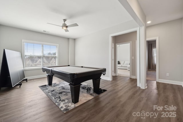 8310 Sandstone Crest Ln, Indian Land, SC 29707 - rec room with visible vents, wood finished floors, baseboards, pool table, and a ceiling fan