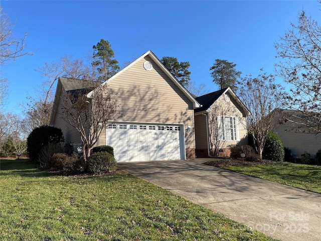 view of property exterior featuring a lawn, concrete driveway, and a garage