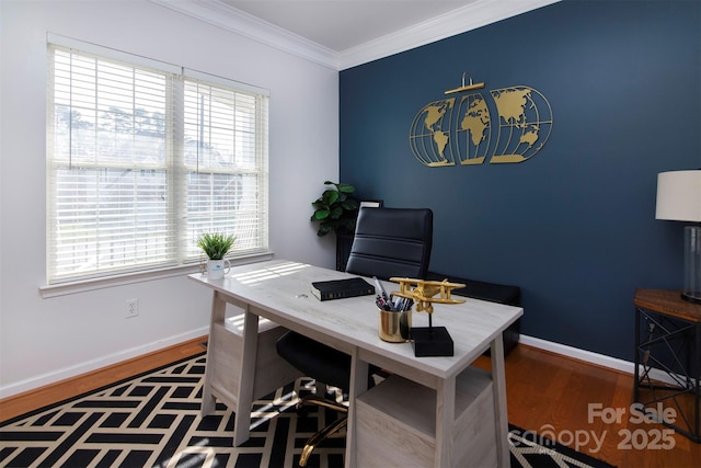 office with a wealth of natural light, baseboards, wood finished floors, and ornamental molding