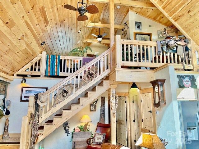 6033 Low Country Rd, Lenoir, NC 28645 - staircase with beam ceiling, a ceiling fan, wooden ceiling, and high vaulted ceiling