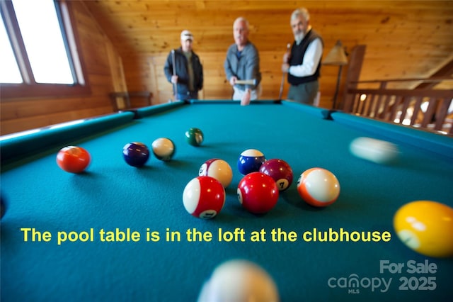 6033 Low Country Rd, Lenoir, NC 28645 - recreation room featuring billiards, wooden ceiling, and rustic walls