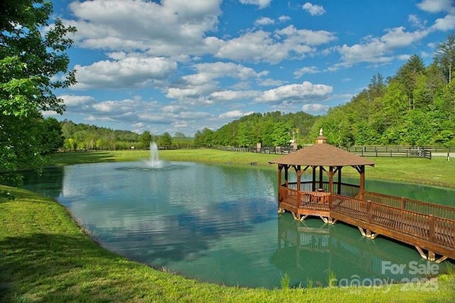 6033 Low Country Rd, Lenoir, NC 28645 - dock area featuring a lawn, a water view, fence, and a gazebo