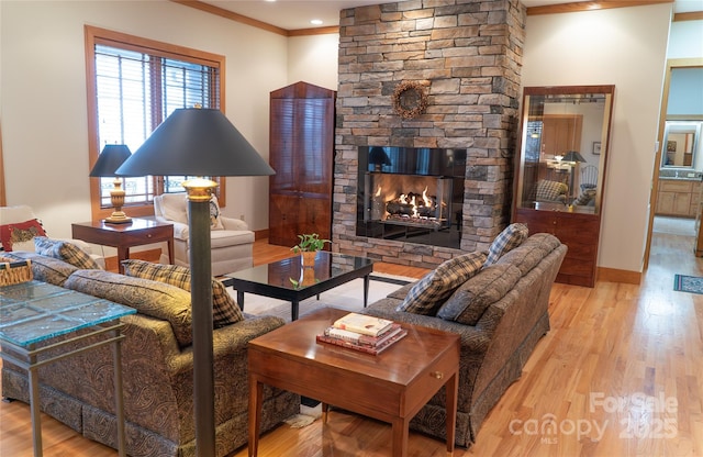 living room with baseboards, a stone fireplace, wood finished floors, and ornamental molding