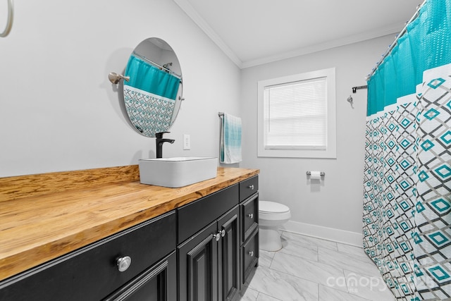 2318 Knight Dr, Gastonia, NC 28052 - full bath with baseboards, marble finish floor, ornamental molding, toilet, and vanity