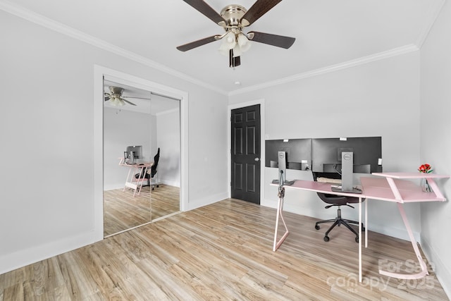 2318 Knight Dr, Gastonia, NC 28052 - office area featuring baseboards, crown molding, wood finished floors, and a ceiling fan