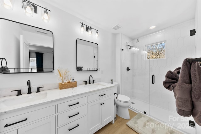 bathroom with toilet, wood finished floors, a stall shower, and a sink