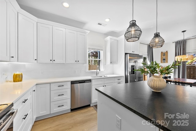 4114 Rutgers Ave, Charlotte, NC 28206 - kitchen with stainless steel appliances, a sink, white cabinets, hanging light fixtures, and light wood-type flooring
