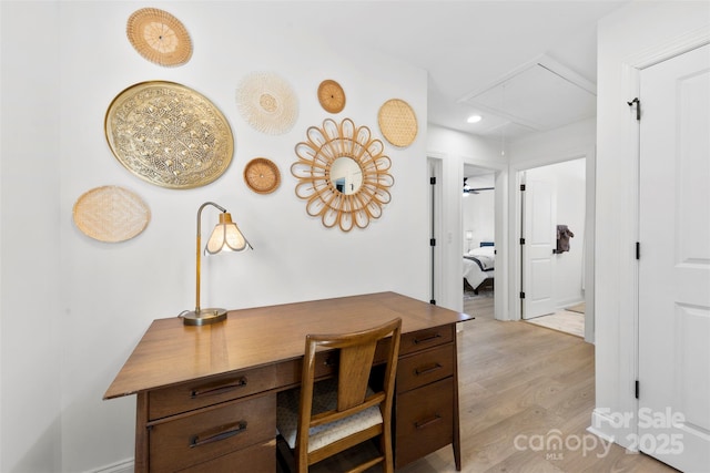 4114 Rutgers Ave, Charlotte, NC 28206 - home office with attic access, light wood-style floors, and recessed lighting