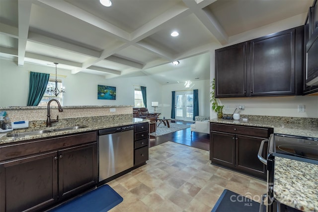 kitchen with coffered ceiling, open floor plan, stainless steel dishwasher, black electric range oven, and a sink