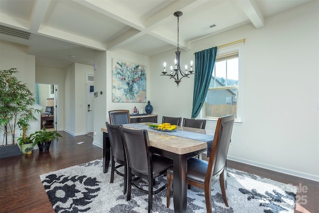 dining area with visible vents, baseboards, wood finished floors, and a chandelier