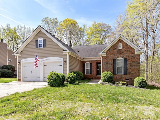 traditional-style home featuring a garage, brick siding, a front lawn, driveway, and a shingled roof