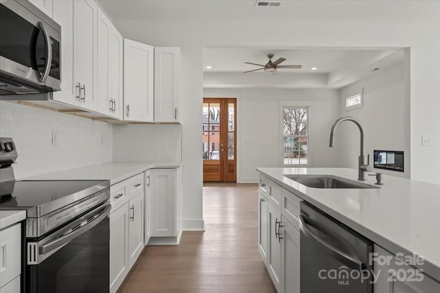 kitchen featuring a sink, light countertops, a ceiling fan, and stainless steel appliances