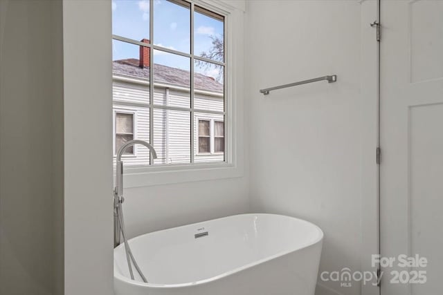 full bath with a freestanding tub and a healthy amount of sunlight