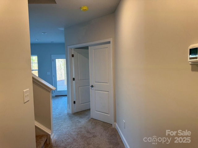 corridor featuring baseboards and carpet floors