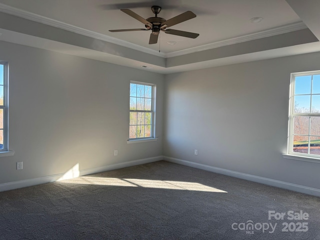 empty room with a tray ceiling, carpet flooring, baseboards, and ornamental molding