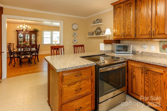 kitchen featuring electric range, a peninsula, open shelves, brown cabinets, and a toaster