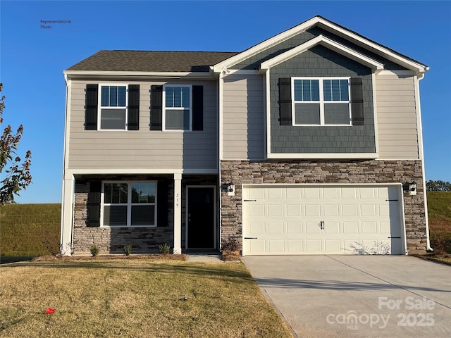 view of front of house with a front yard, an attached garage, stone siding, and driveway