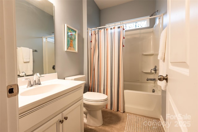 full bathroom with tile patterned flooring, shower / tub combo, toilet, and vanity