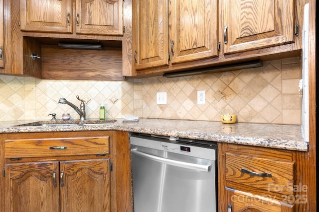 1080 Rolling Green Dr, Newton, NC 28658 - kitchen with stainless steel dishwasher, a sink, brown cabinets, decorative backsplash, and light stone counters
