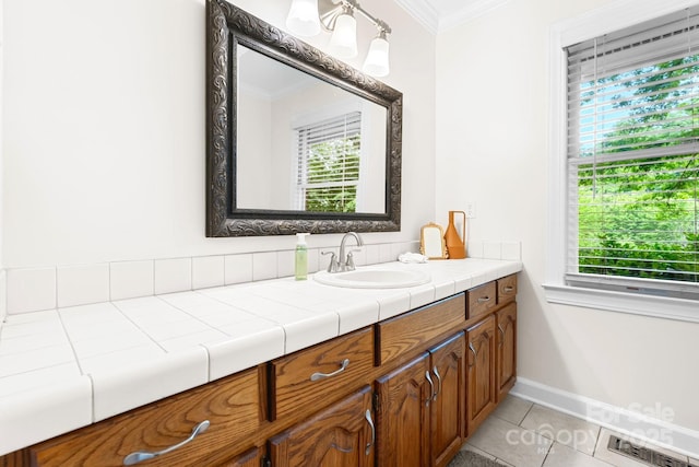1080 Rolling Green Dr, Newton, NC 28658 - bathroom featuring vanity, ornamental molding, tile patterned floors, and baseboards
