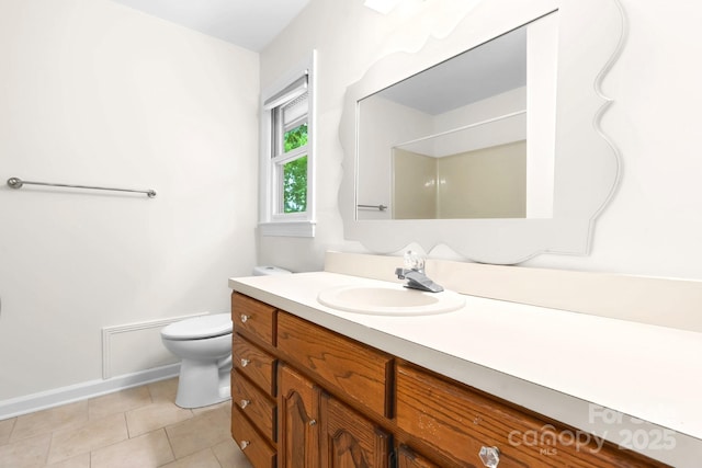 1080 Rolling Green Dr, Newton, NC 28658 - full bathroom featuring vanity, toilet, a shower, tile patterned floors, and baseboards