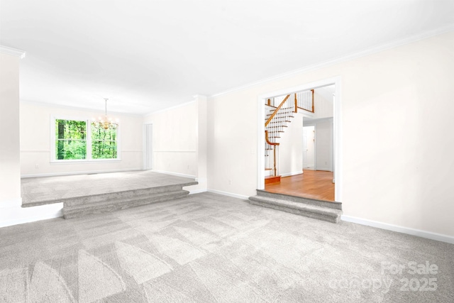 1080 Rolling Green Dr, Newton, NC 28658 - unfurnished room with a chandelier, ornamental molding, carpet flooring, stairway, and baseboards