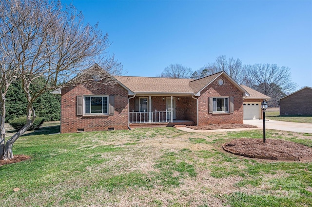 ranch-style house with a porch, a front lawn, a garage, crawl space, and brick siding