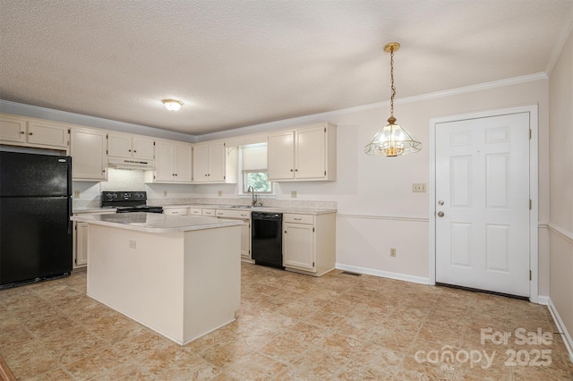 kitchen with a center island, under cabinet range hood, light countertops, black appliances, and a sink