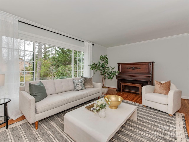 living area featuring crown molding, baseboards, and wood finished floors