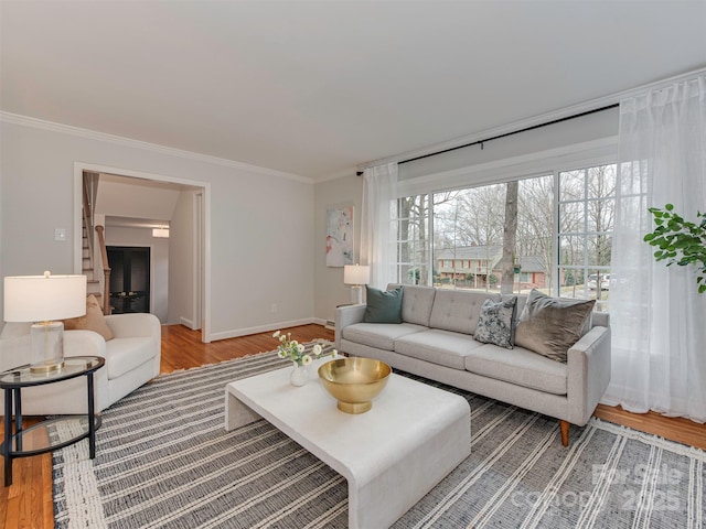 living area with baseboards, wood finished floors, and crown molding