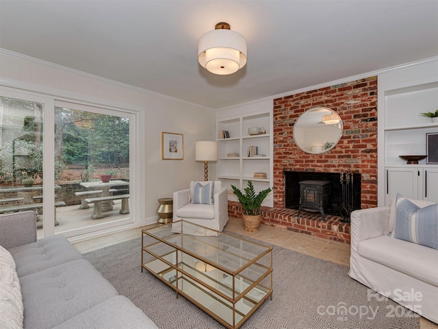 tiled living room with crown molding, a wood stove, and built in features