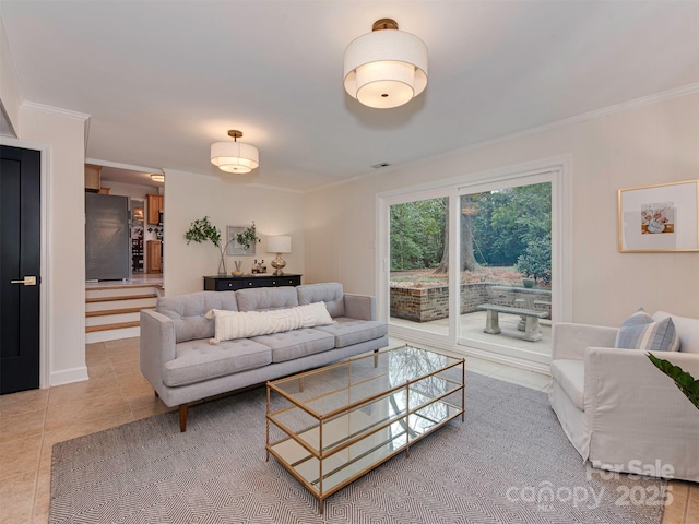 tiled living room featuring ornamental molding