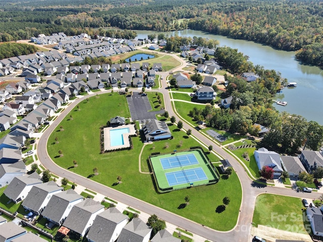 bird's eye view with a residential view and a water view