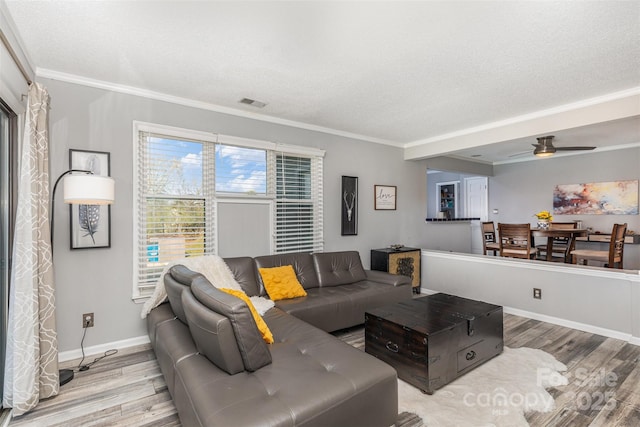 living area featuring a textured ceiling, wood finished floors, and crown molding