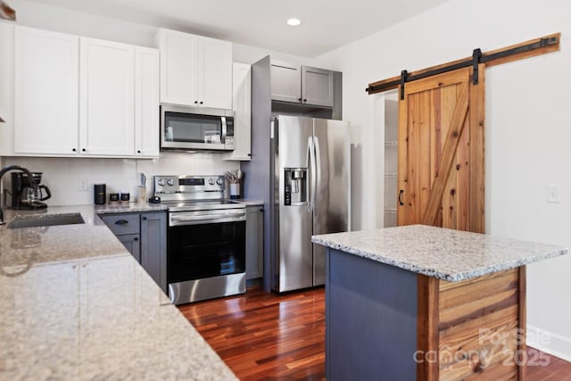 kitchen with a sink, a barn door, dark wood-type flooring, and appliances with stainless steel finishes