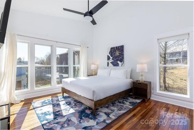 bedroom with ceiling fan and wood finished floors