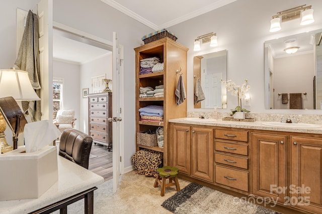 full bathroom featuring a sink, wood finished floors, ornamental molding, and double vanity