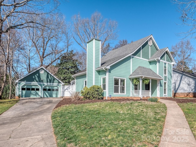 view of front of home featuring an outbuilding, a front lawn, a porch, a shingled roof, and a chimney