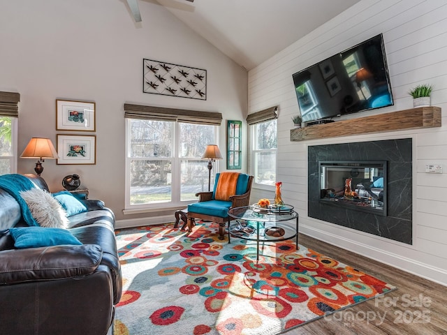 living area featuring high vaulted ceiling, a large fireplace, baseboards, and wood finished floors