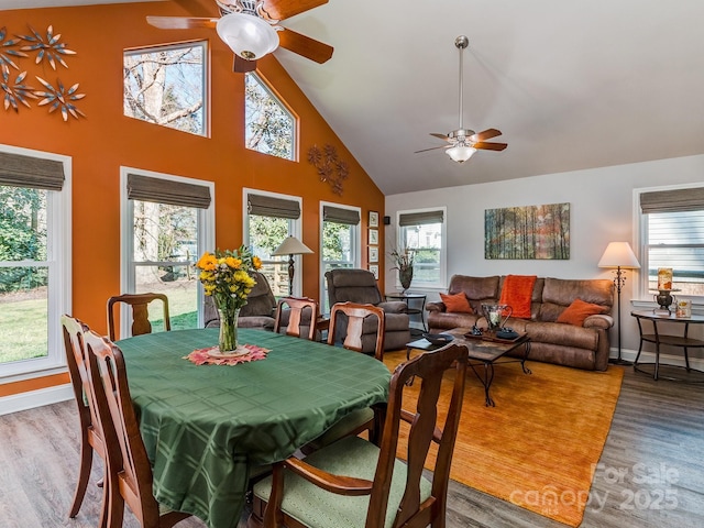 dining room with high vaulted ceiling, baseboards, and wood finished floors